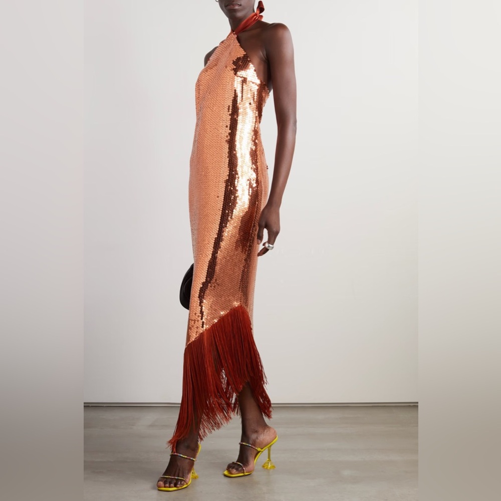 Orange Sequin Fringe Evening Dress - Women
